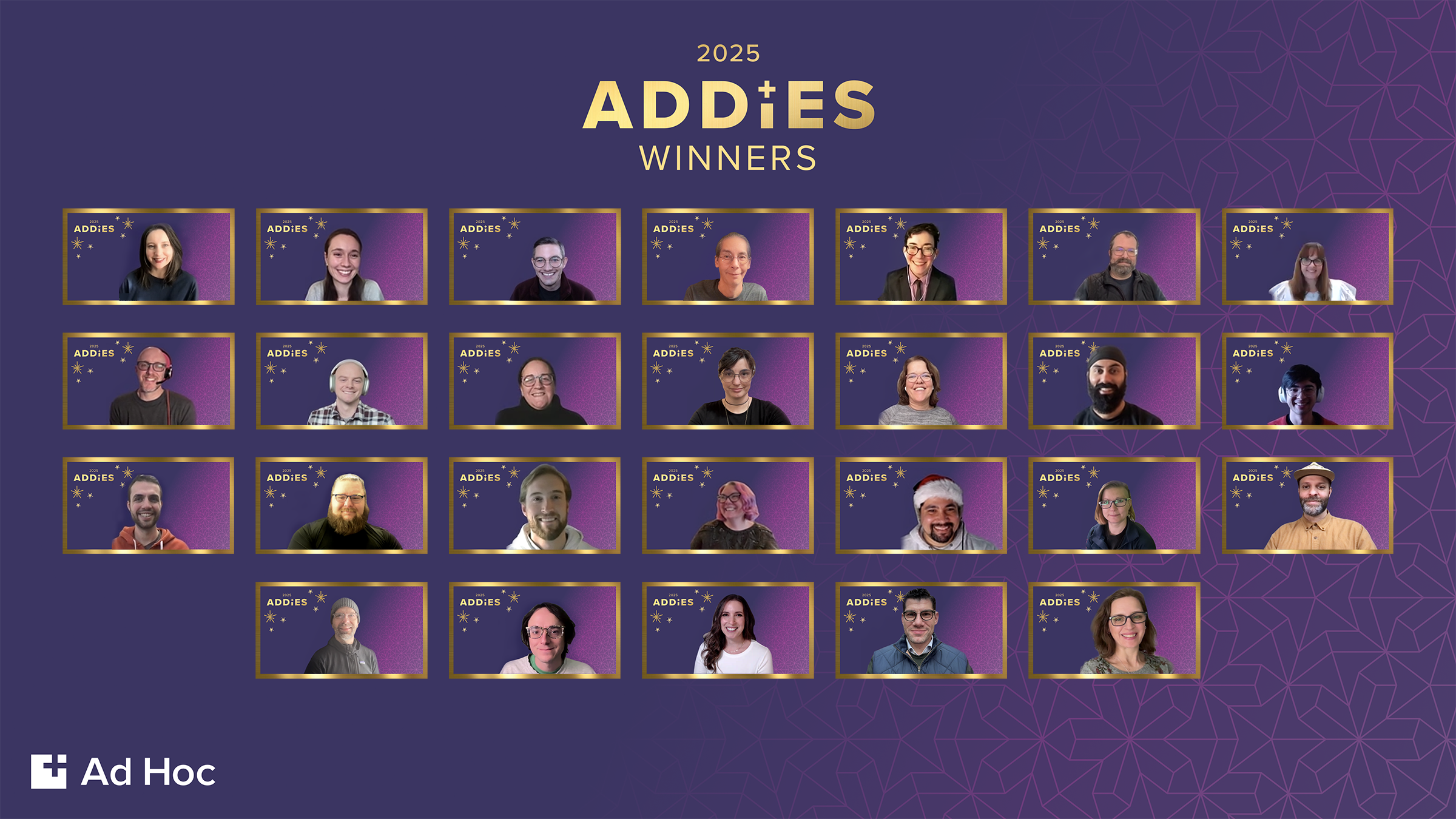 A grid of headshots of the twenty-six 2025 Addies winners. The Ad Hoc logo is in the bottom left corner, and the header reads "2025 Addies winners."